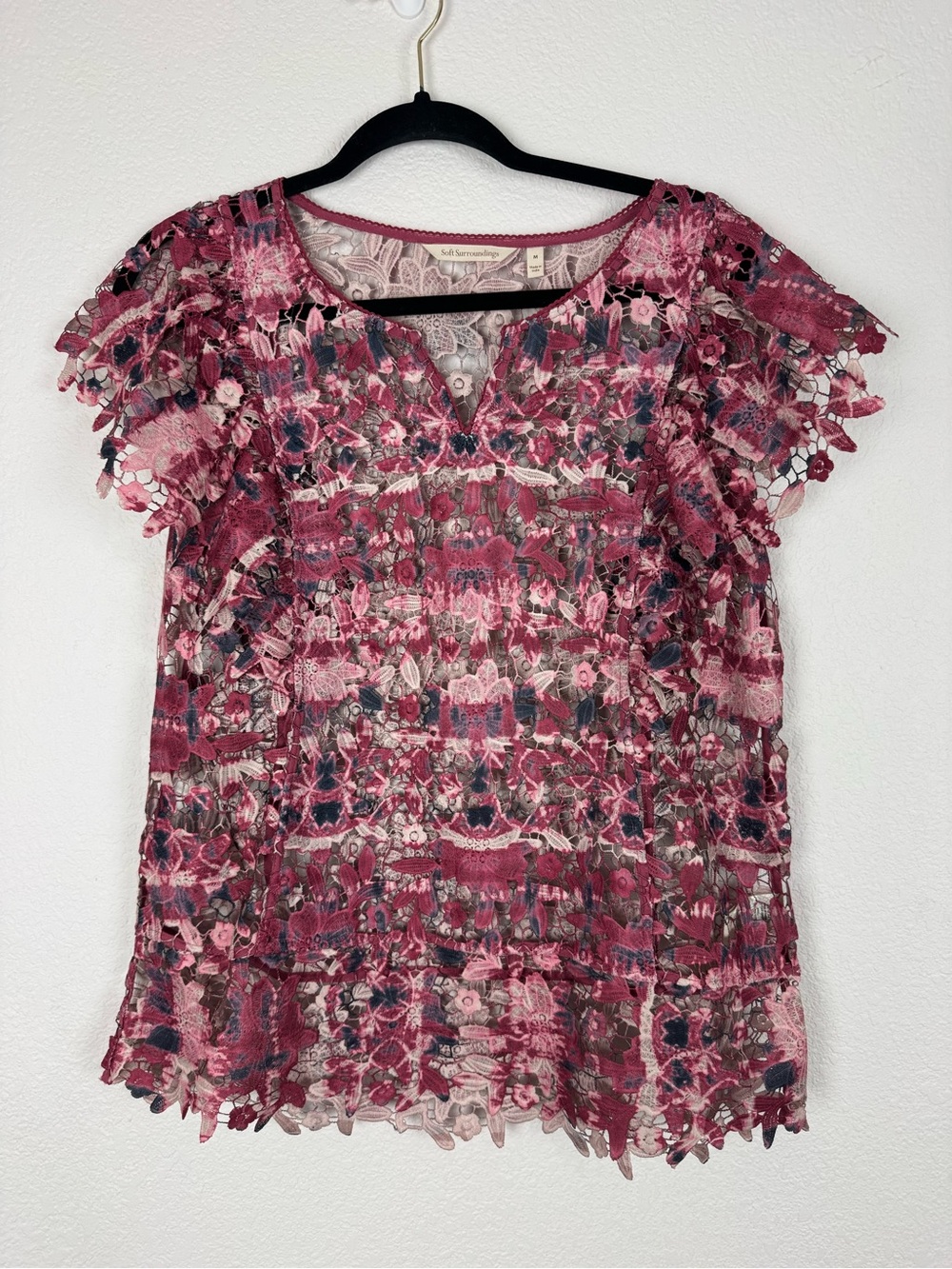 Soft Surroundings Red Pink Lace Detail Eyelet Short Sleeve Top